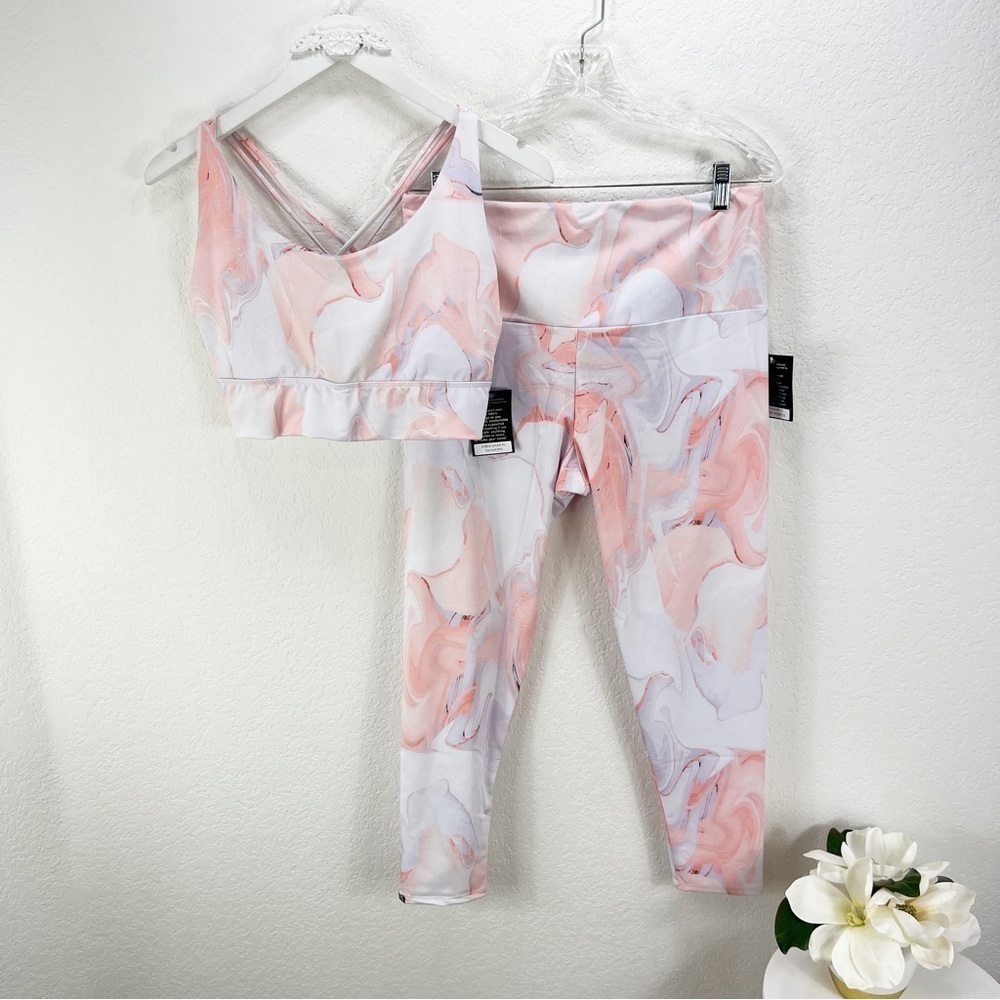 SET Onzie Pink White‎ Marble Swirl Sacred Bra and High Rise Midi Leggings XL NWT